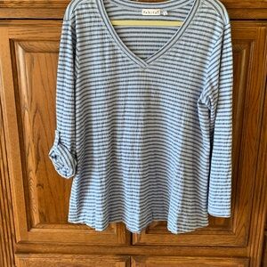 Light blue and Navy striped long sleeve v-neck tunic/t-shirt by “Habitat”Size M